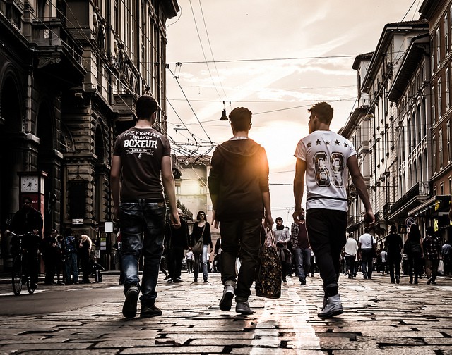 rich, boys walking into the sunset