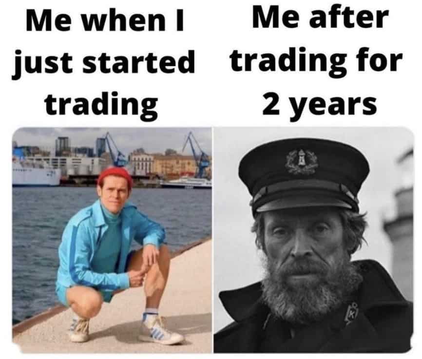 Me when I started trading vs 2 years later meme, investing joke image