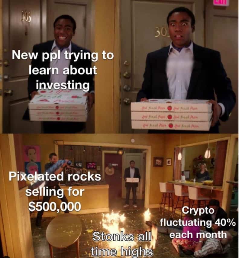 New people trying to learn about investing community fire meme, investing jokes image