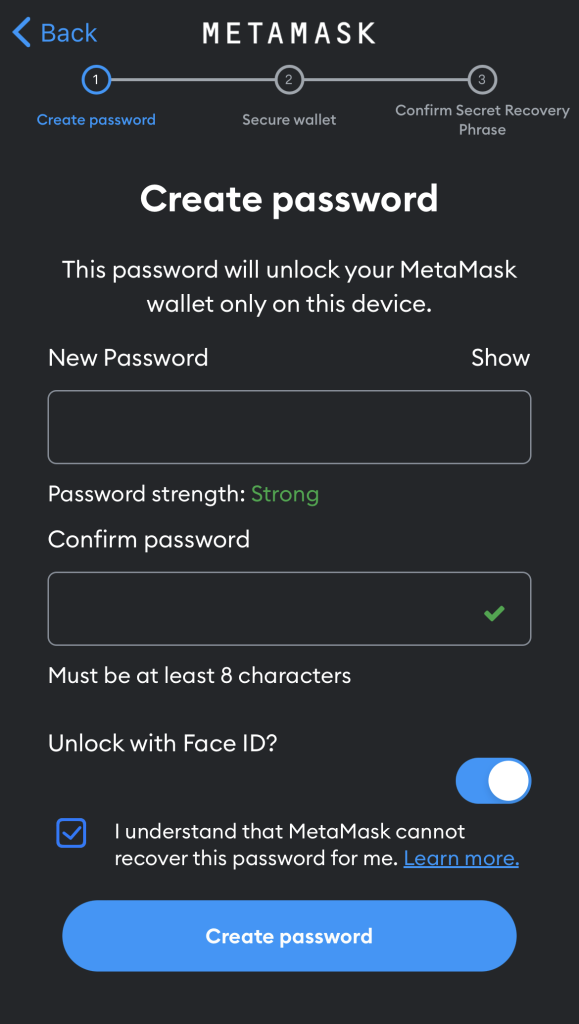 metamask mobile app account setup password creation screen, image