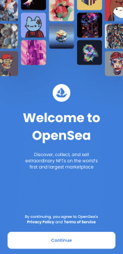 opensea mobile app welcome screen, how to connect metamask to opensea, image