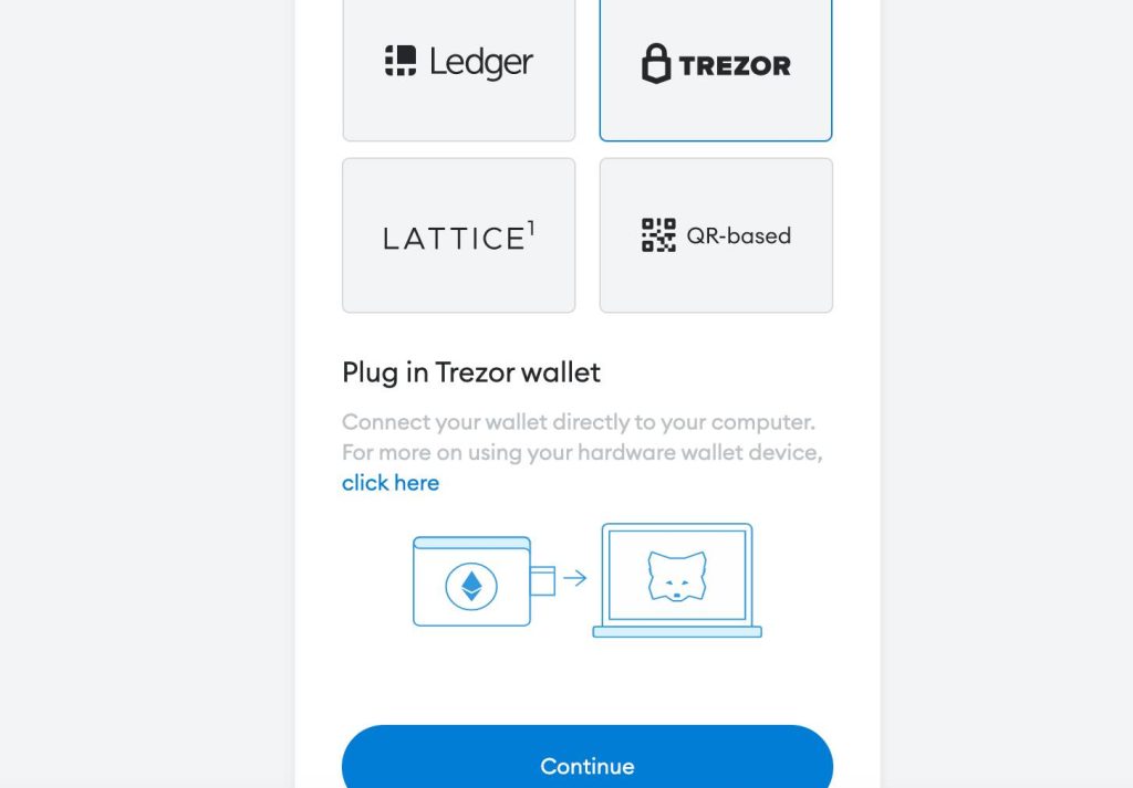 continue button after selecting Trezor