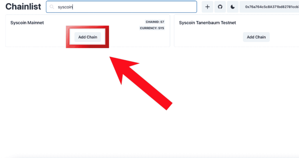 step 2, find Syscoin in chainlist website