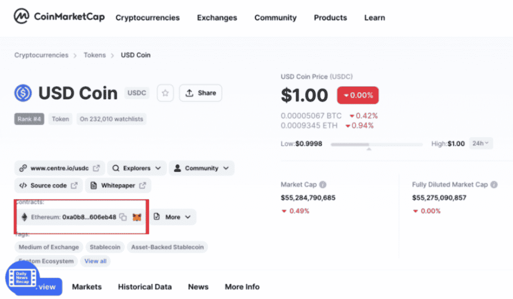 usdc in coinmarketcap, contracts section where metamask is