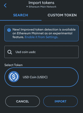 usdc import button in metamask app
